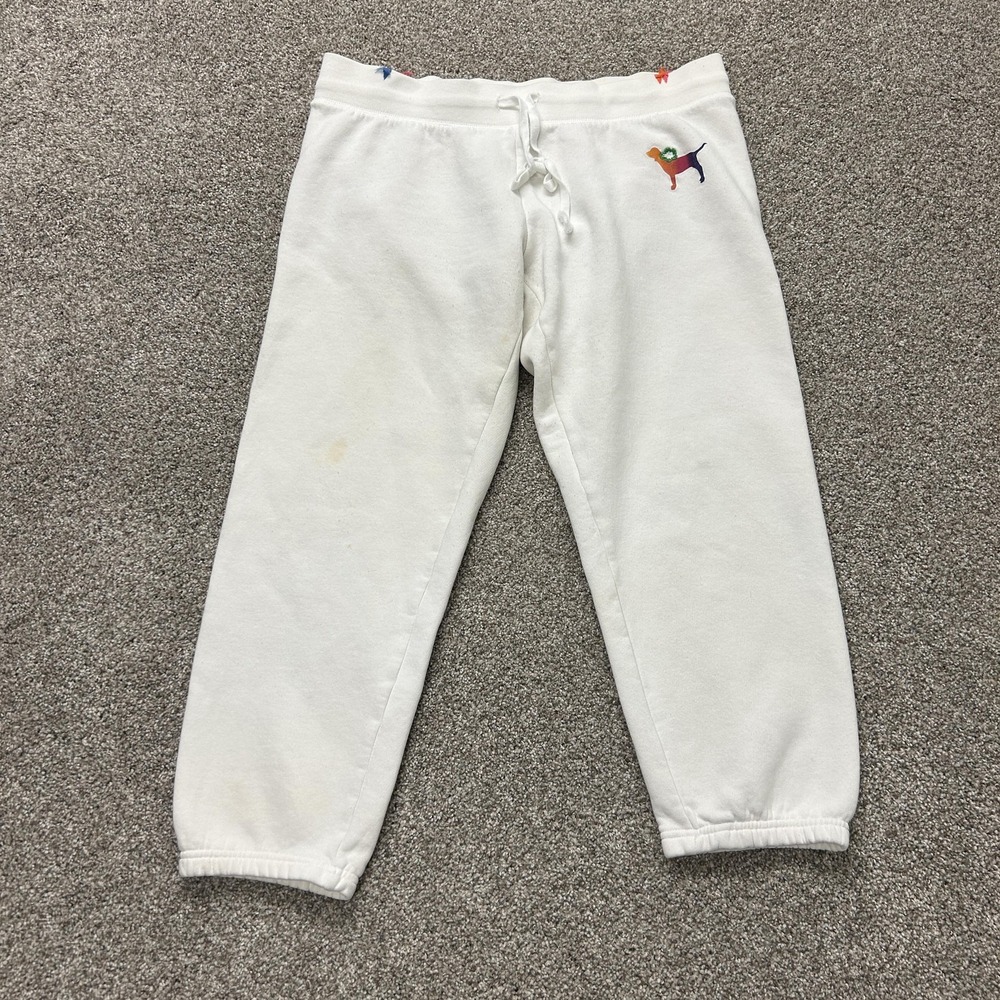 Y2K PINK Victoria's Secret Sweatpants Womens Large White Fleece Rainbow Dog Logo